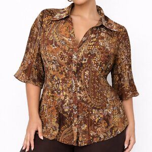 New York City Design Co Blouse 1X Brown Paisley Boho Pleated Cottagecore Y2K Top